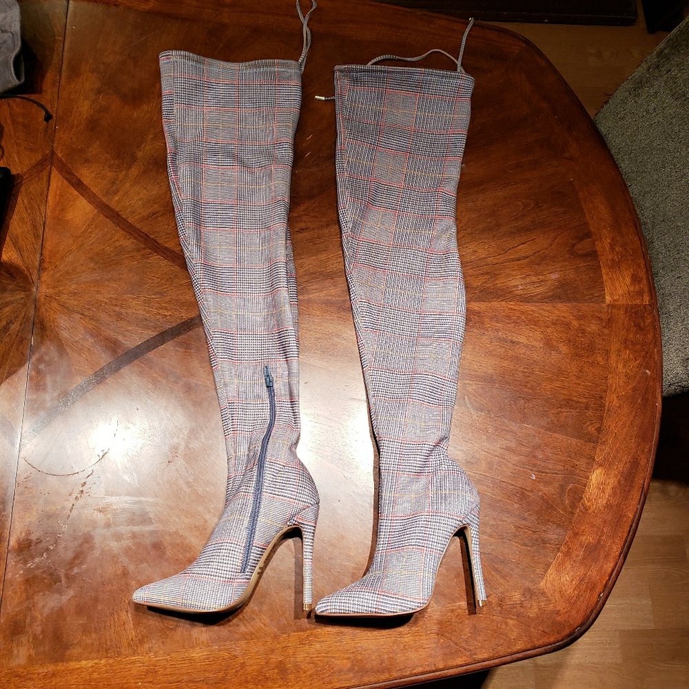 Forever 21 gray glen plaid thigh high boots